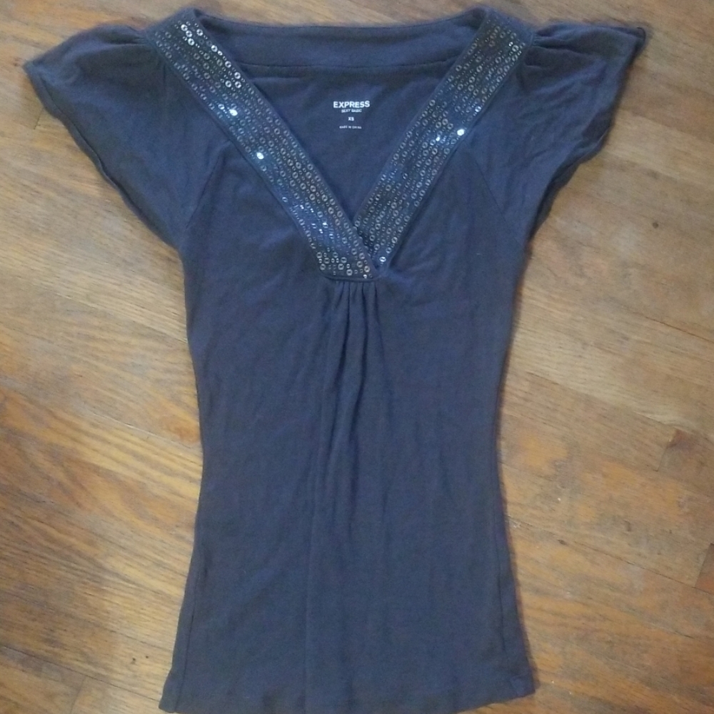 Express Short Sleeved Gray Shirt with Sequins - XS